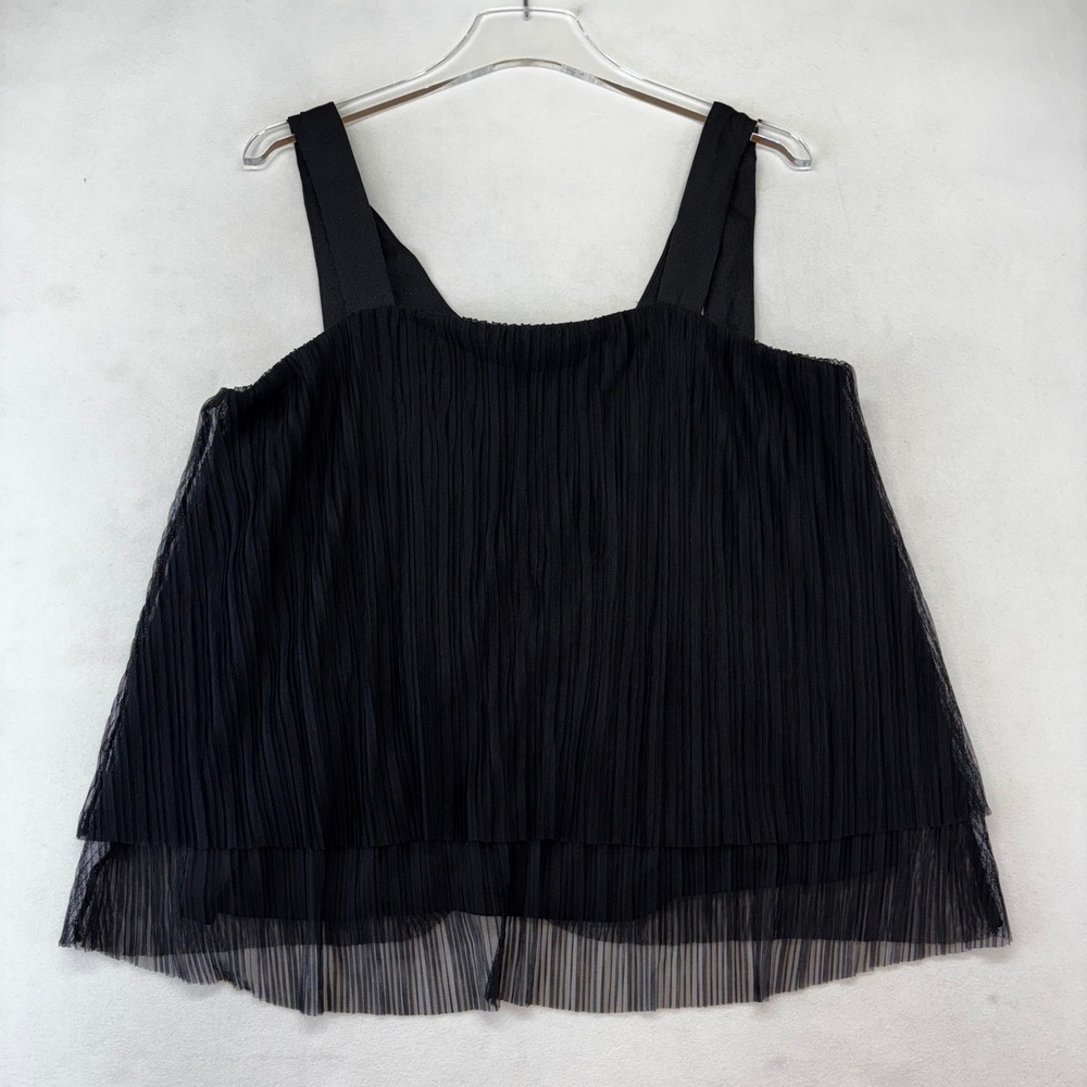 DKNY Plisse Mesh Camisole Women Large Black Tiered Pleated Sleeveless Top New‎